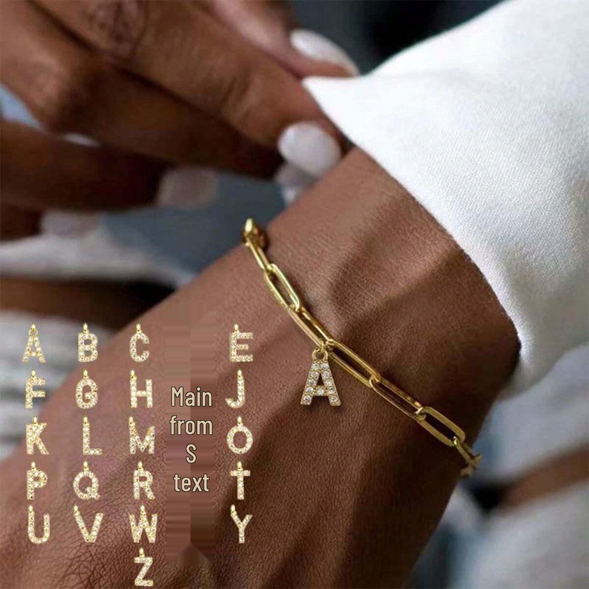 

European & American Fashion 26-Letter Pendant Bracelet: Cubic Zirconia Micro-Paved Paperclip Chain, Elegant Women s Accessory. Steel Color (W)