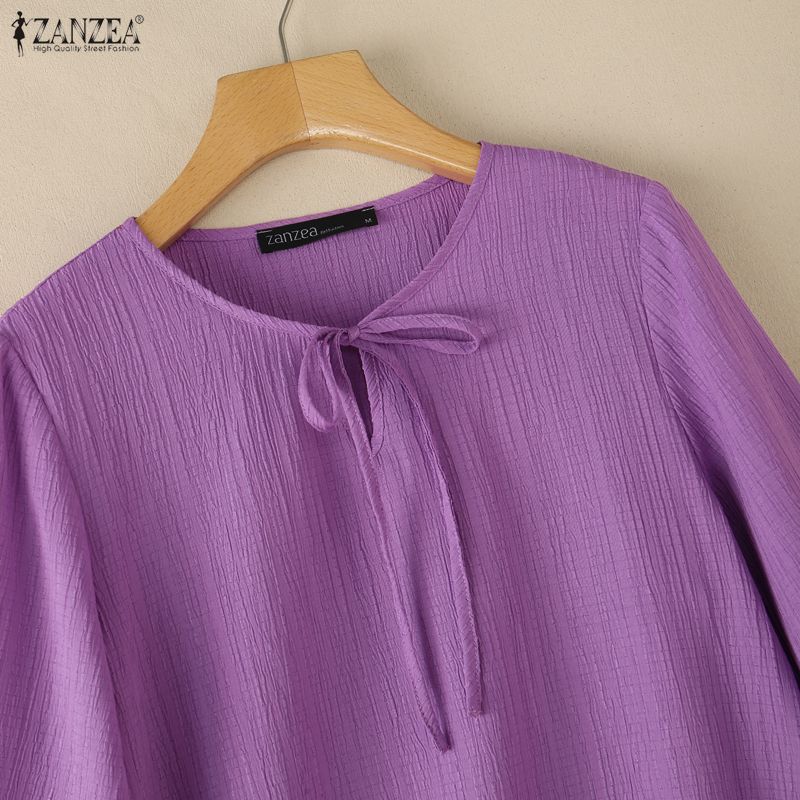 ZANZEA Blusa informal holgada de color liso con cuello redondo y mangas 3/4 para mujer