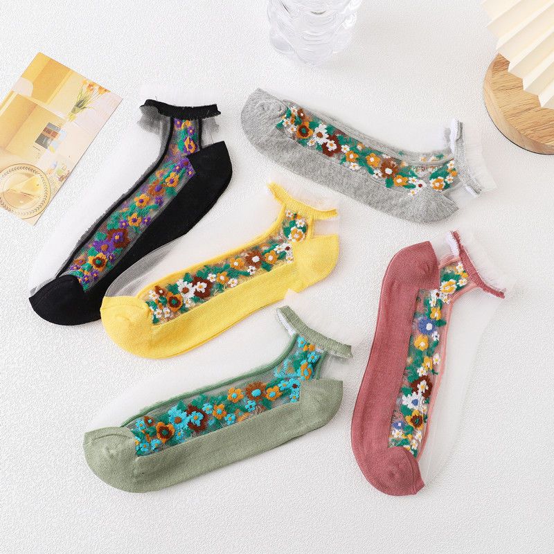 

5 пар женских летних тонких кружевных чулок с кристаллами и хлопковой подошвой с цветочным узором, короткие носки с защитой от зацепления 5 Pairs