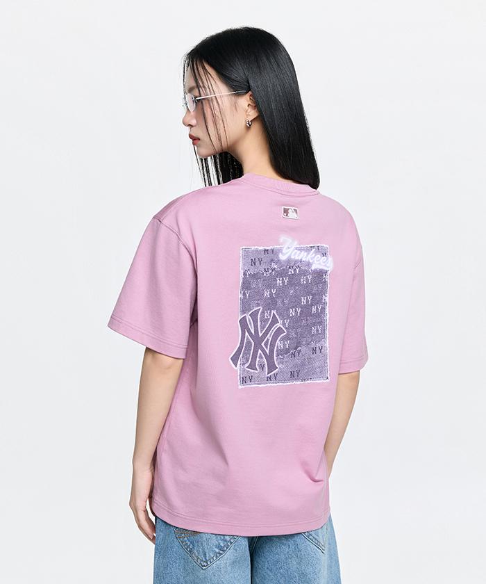 Emelbi Vintage Denim-Like Monotive Oversized Short Sleeve T-Shirt Ny (Pink)
