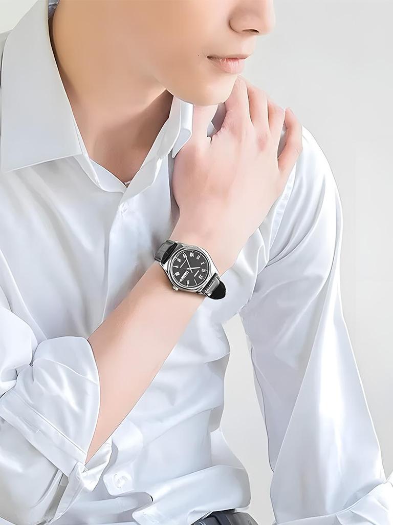 Casio - Leather Strap Black Dial with Date Men's Quartz Watch MTP-V006L-1B