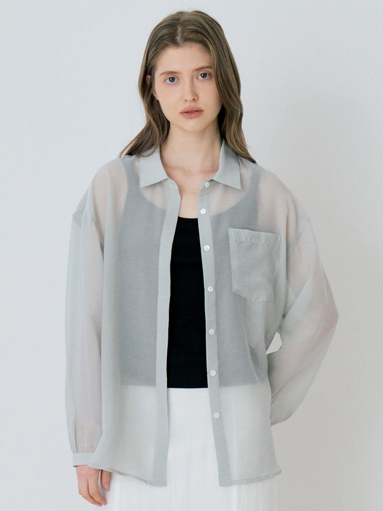 Leusejiem Classic Linen Sheer Shirring Shirt - Light Gray