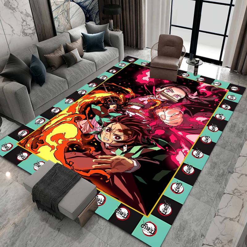 Cute cartoon Kimetsu no Yaiba rug, suitable for playrooms, bedrooms, living rooms, sofas, and other home décor; non-slip rug for