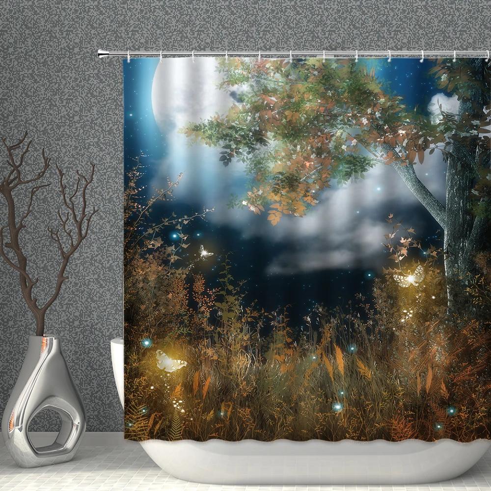 

Fantasy Fairy Shower Curtain Purple Colorful Printing Landscape Pattern Waterproof Polyester With Hooks Household Decoration W90XH180cm