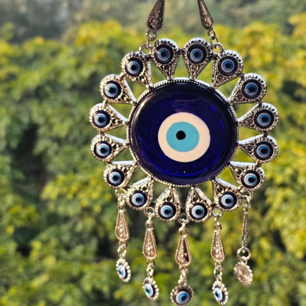 Silver Evil Eye Wall Hanging – Handmade Turkish Blue Nazar Amulet | Spiritual Protection Charm for Home & Office