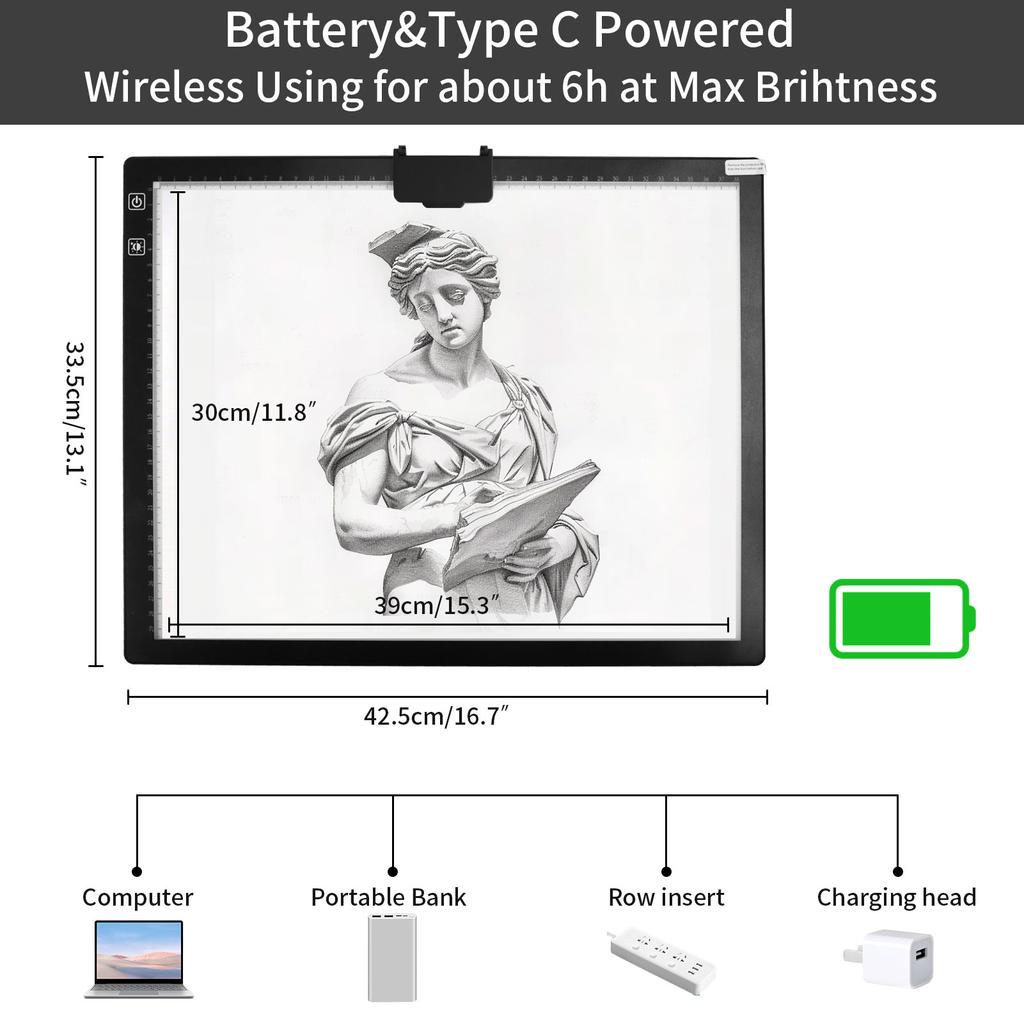 A3 Light Box Wireless LED Light Pad with Adjustable Stand Rechargeable Tracing Light Pad for 5D Diamond Painting Ornament Kits