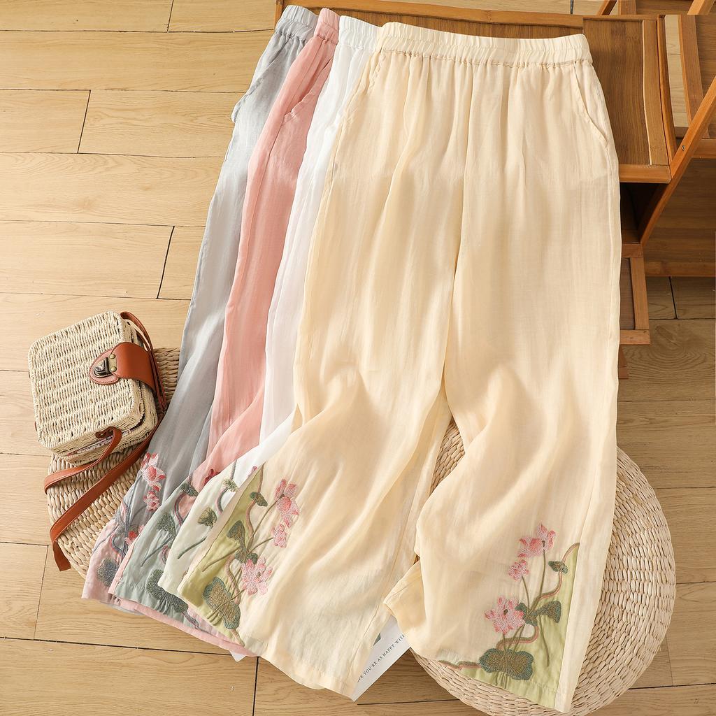 Dámské letní vintage vyšívané kalhoty plus size volného širokého střihu z bavlny a lnu s elastickým pasem, dovolenkové harémky v etnickém stylu