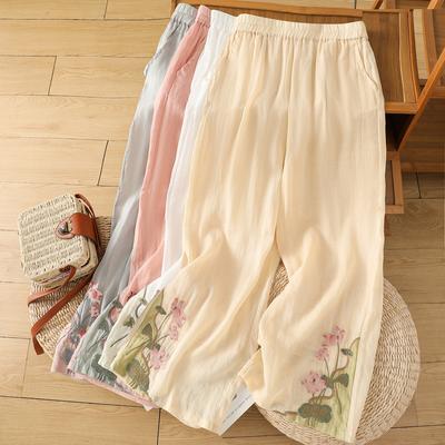 Plus Size Women Summer Vintage Embroidery Pants Loose Wide Leg Cotton Linen Elastic Waist Vacation Harem Ethnic Style Trousers