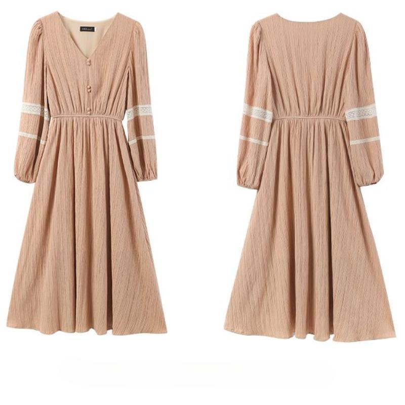 Early Autumn Women's Lady-like Temperament Dress V-Neck Vintage Long Skirt Gentle Style French Dress