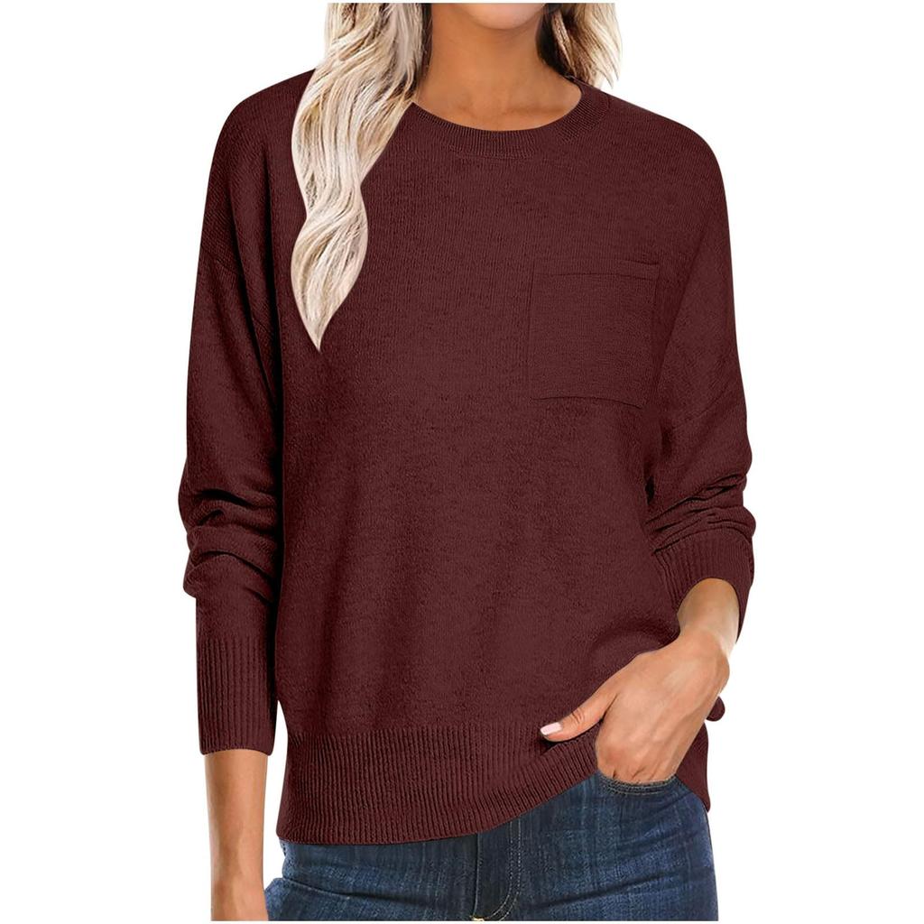 Women's Fashion Round Neck Pullover Sweater Casual Versatile Solid Color Knit Top
