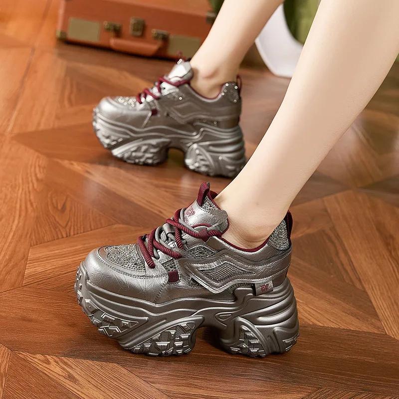 Fashion 10CM Synthetic Genuine Leather Bling Chunky Sneaker Mixed Color Fashion Ankle Boots Women Comfy Autumn Vulcanize Shoes