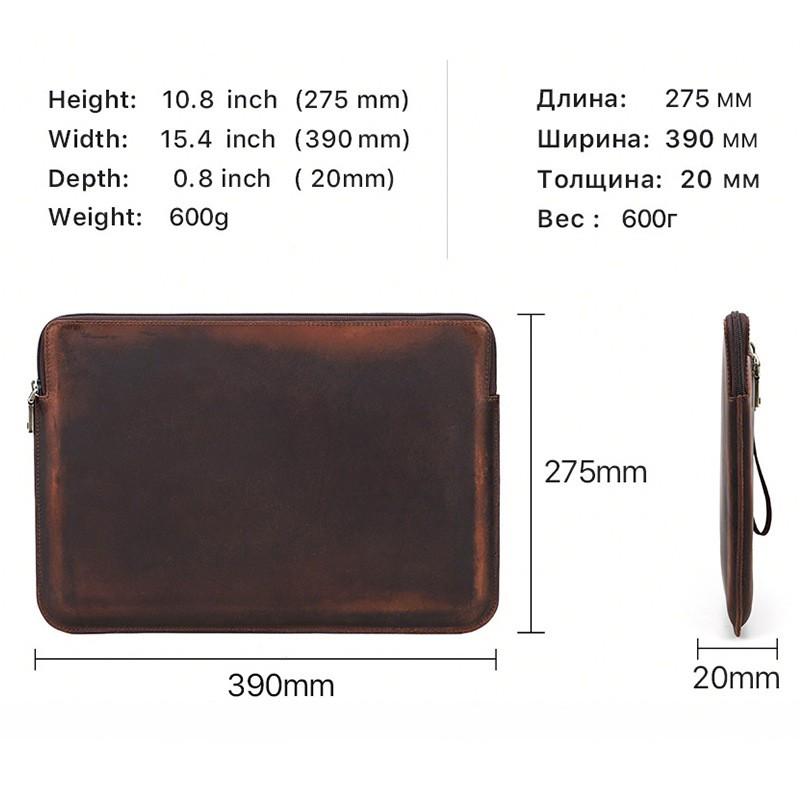Genuine Leather MacBook Pro 15.4 16 Inch Sleeve With Wrist Strap Zipper Slim Protective Case