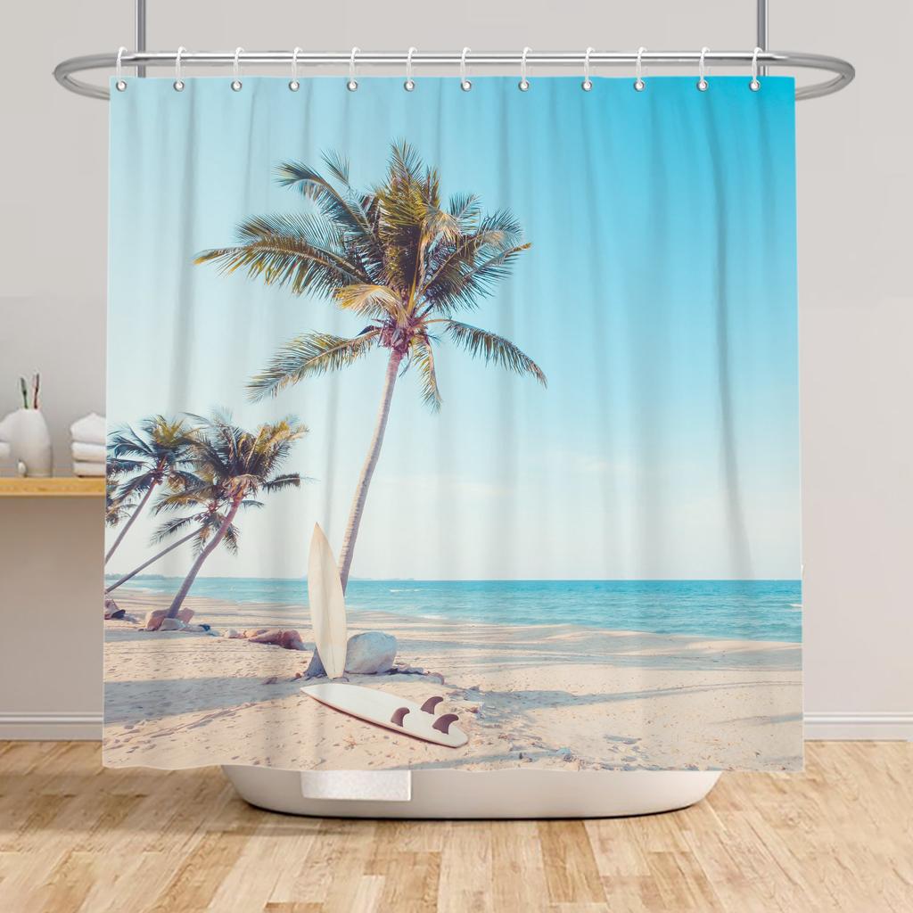 Tropical Starfish Shower Curtain with Hooks Waterproof Polyester Bathroom Curtain Ocean Beach Design Easy Clean Bathtub Curtains