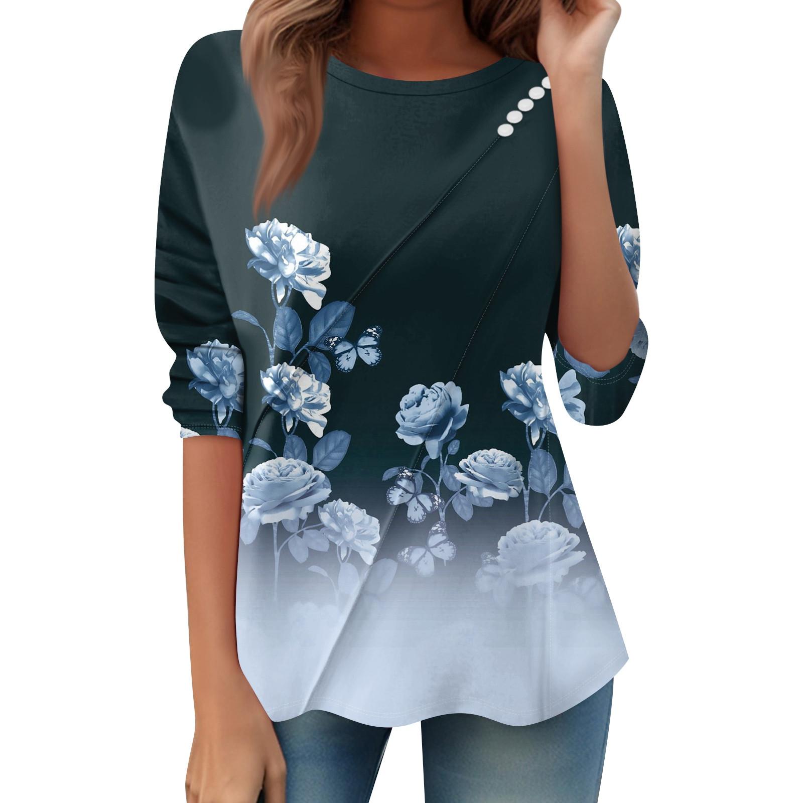 

Женский свободный повседневный топ с длинным рукавом, круглым вырезом, пуговицами, принтом в полоску, футболка M тёмно-синий