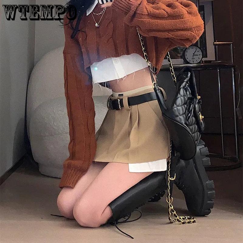 WTEMPO Vintage Irregular Micro Mini Skirt Women Y2K Crop Patchwork High Waist Pleated Belt Cargo Skirt Streetwear