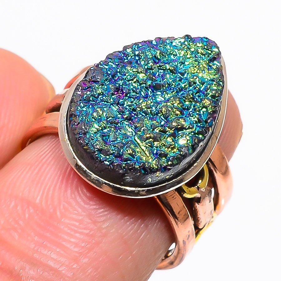 Natural Titanium Druzy Gemstone Two Tone 925 Solid Silver Gift Ring S.6.5 M7u31