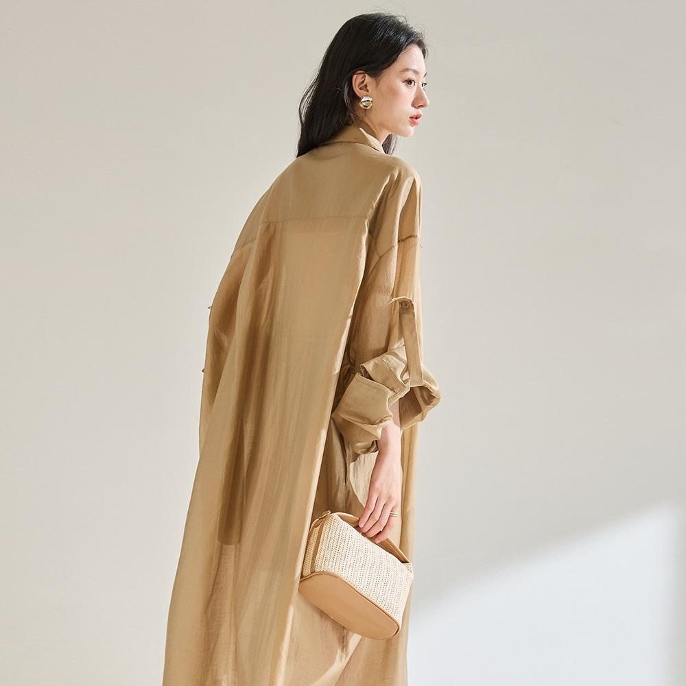 Spring and summer new thin sunscreen long coat paper texture khaki trench coat female 18851
