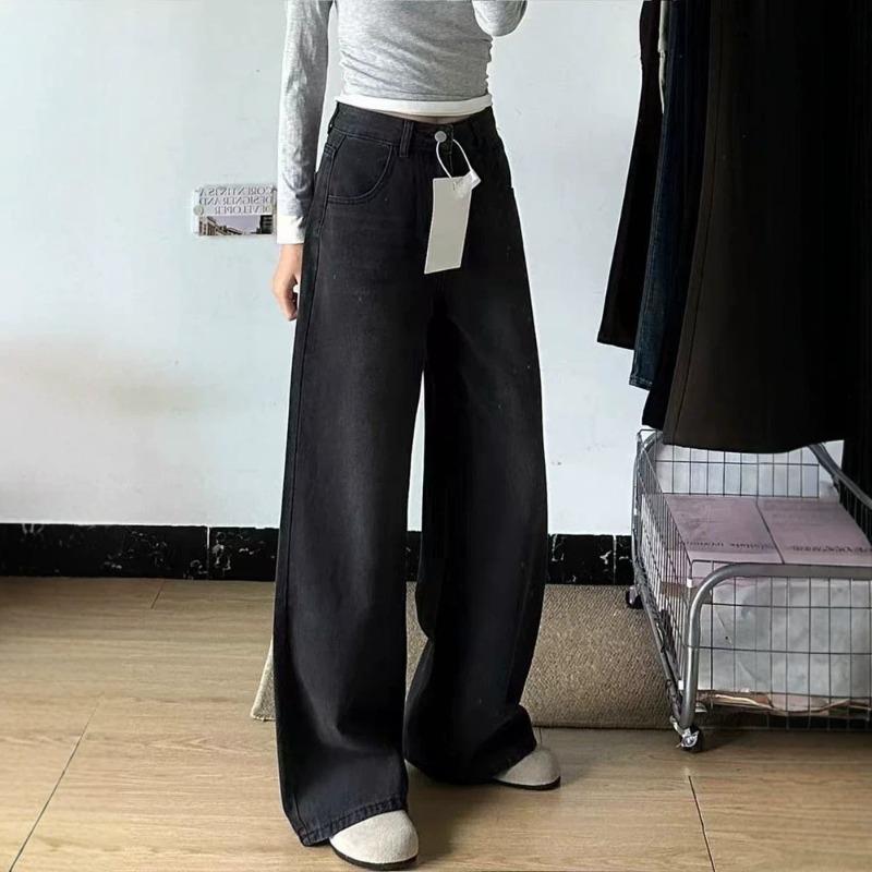 Zwarte rechte jeans dames fluweel nieuw peervormig los figuur hoge taille dun wijde pijpen dweilbroek