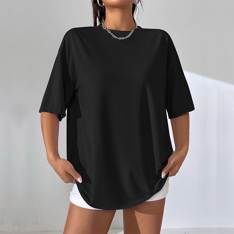 European Summer 2026 Women's Mid-Length Plain Loose T-Shirt with Five-Point Sleeves