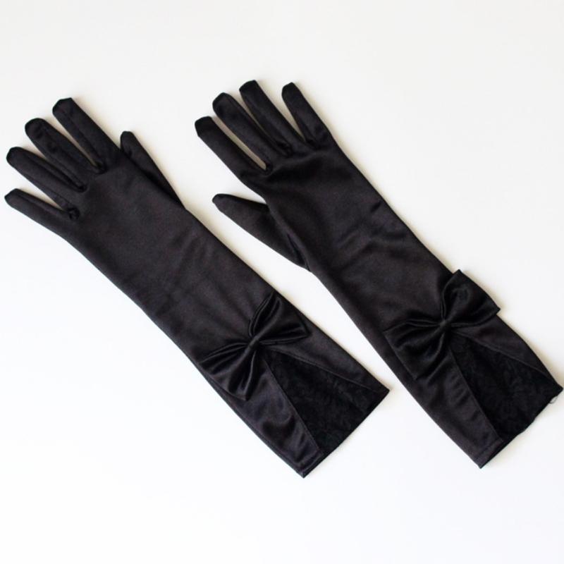 Damen Mädchen Lange Satin Schwarze Handschuhe Elegant Schleife Einfarbig Spitze Besatz Vollfinger Fäustlinge für Hochzeit Oper Party