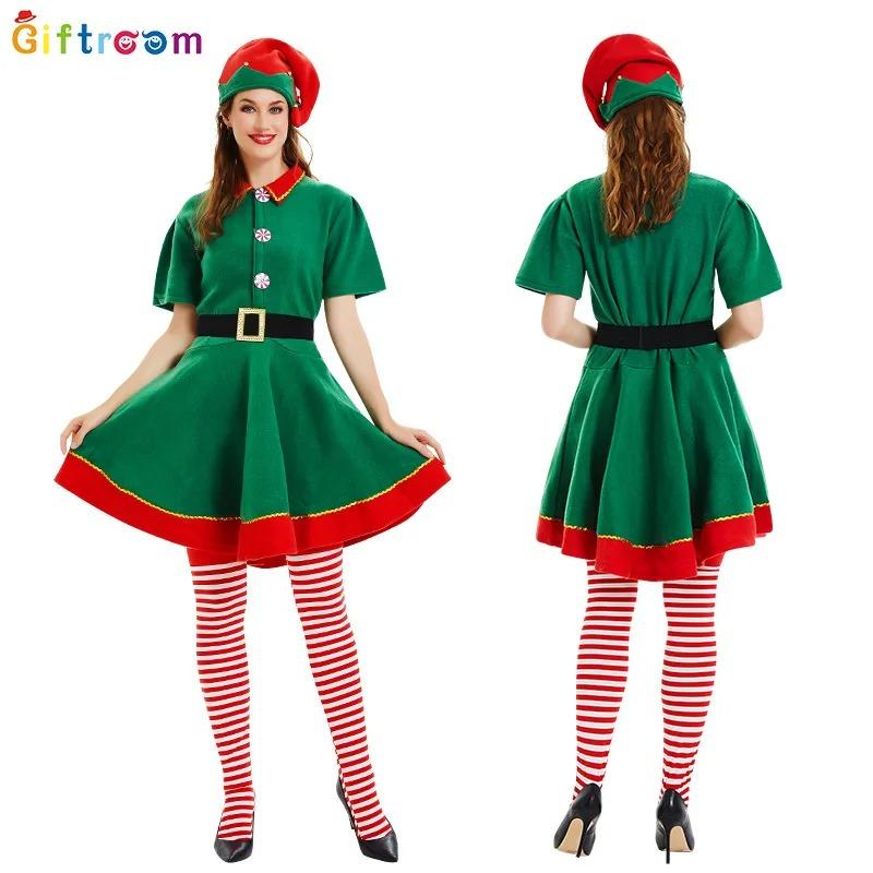 Non-Toxic Children Christmas Elf Costumes Santa Claus Suit Festival Adult Family Halloween Cosplay Sets Green Elves Clothes