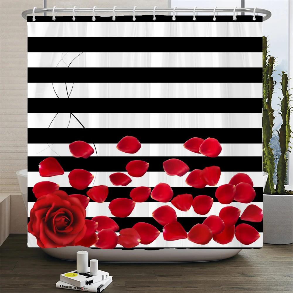 Perfume Bottle Flower Shower Curtain Set Black White Stripes Fashion Girl Woman Bathroom Decor Polyester Bath Curtains Hooks