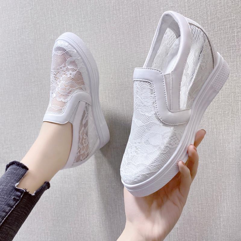 Women Wedge Platform Sneakers Rubber Leather High Heels Lace Up Shoes Pointed Toe Height Increasing Creepers White 2023
