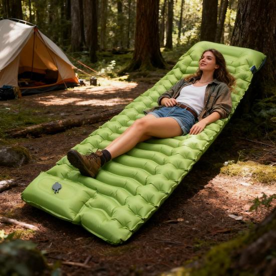 Inflatable Sleeping Pad Built-in Foot Pump Pillow Lightweight Thicken Portable Single Person Outdoor Travel Camping Hiking Air Mattress Sleeping Mat