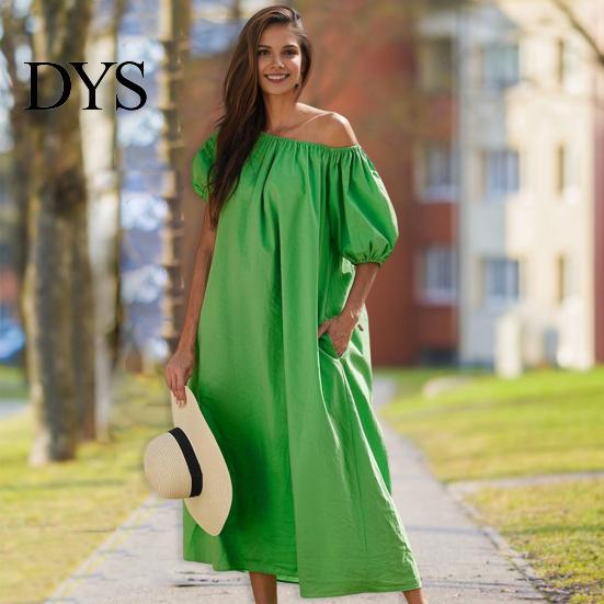 Puff Sleeve Midi Dress Women Off Shoulder Short Bubble Elastic Cuff Pleated Loose Solid Color Side Pockets Vacation Beach