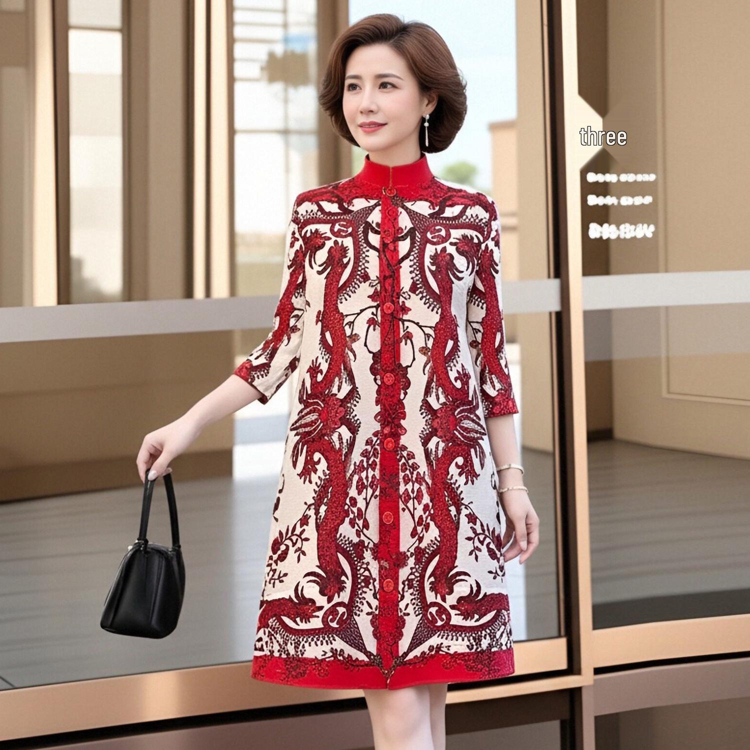 

Elegant Spring Pleated Floral Dress for Mature Women One size (within 90-160 jin) червоний