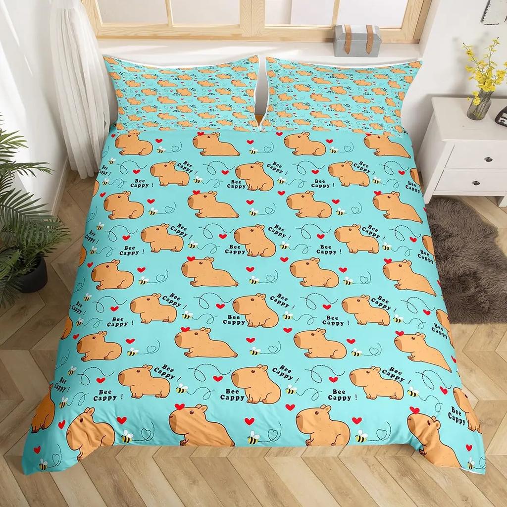 Cute Capybara Print Bedding Sets Full Kawaii Honey Bee Comforter Cover,Cartoon Animals Bed Set Red Love Heart Print Duvet Cover