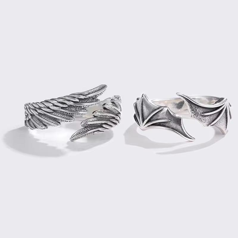 FTCY 2 Pcs Vintage Angel Devil Wings Adjustable Rings for Men Women Hip Hop Retro Silver Color Couples Rings Party Gifts Jewelry