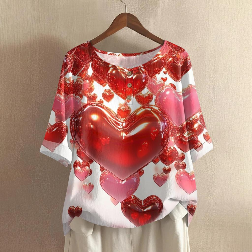 Damska koszulka z nadrukiem na Walentynki, casualowa, z krótkim rękawem, okrągłym dekoltem, z bawełny i lnu