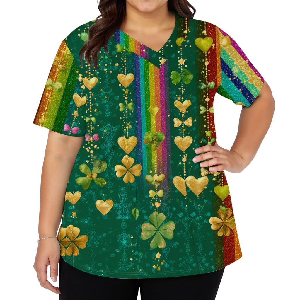 Women's Fashion V-neck Short Sleeve Workwear With Pockets Printed Tops