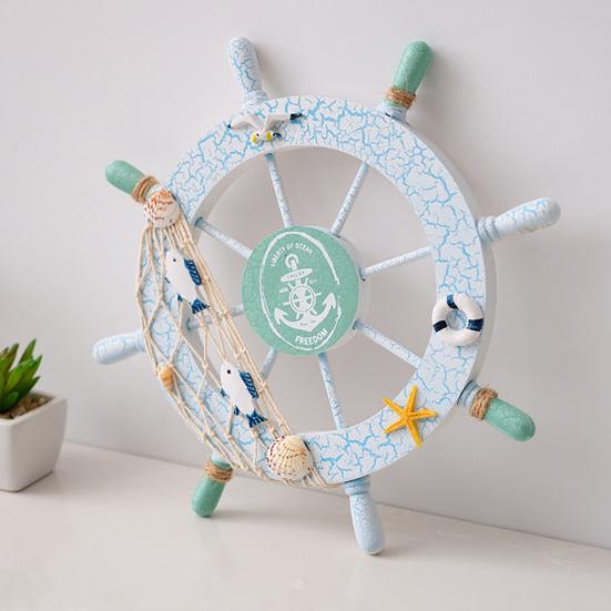11" Nautical Beach Wooden Ship Wheel Wall Art Coastal Style Boat Steering Wheel Wall Hanging Ornament with Starfish And Hemp Rope for Living Room