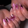 24Pcs Short Oval Pink Press On Nails With Golden Flowers Retro Gradient Summer Cute Full Cover Almond False Nail Tips