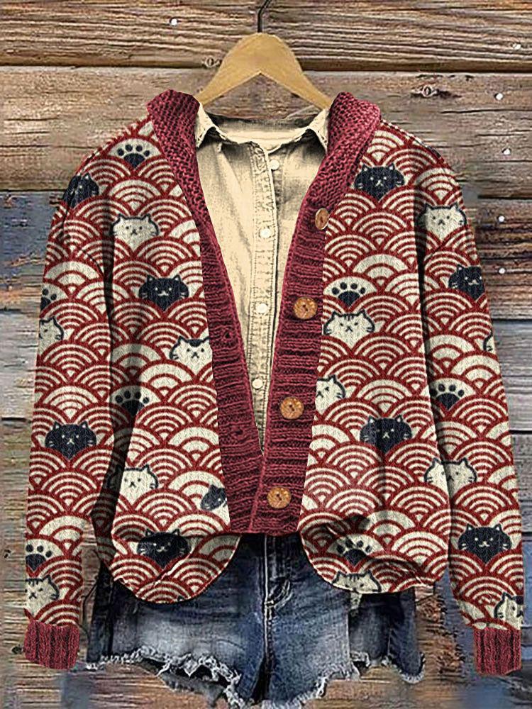 3D Digital Print Faux Wool Cardigan Knit Jacket for Women