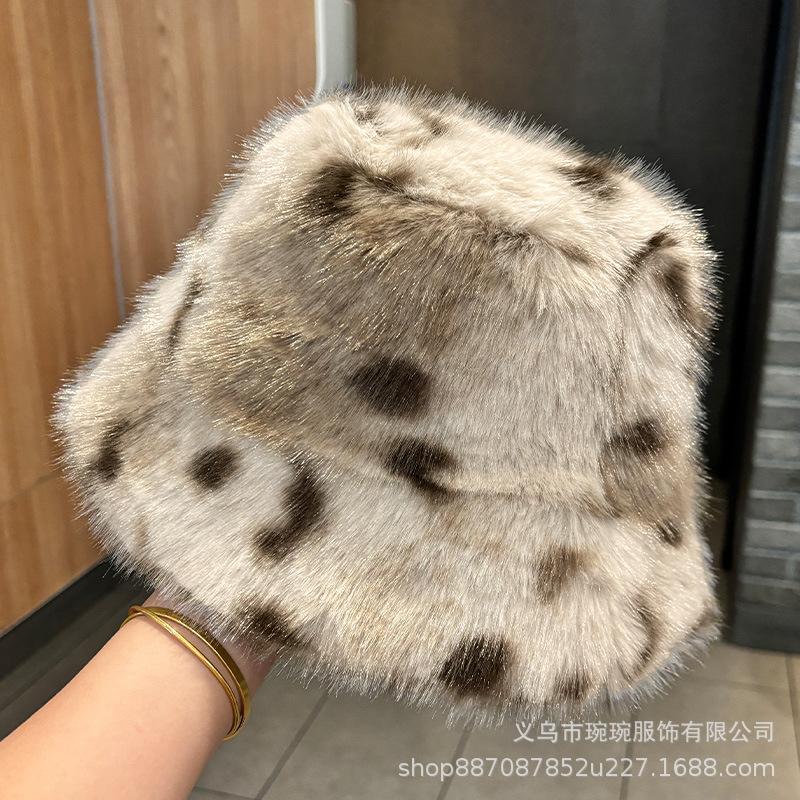 Stylish atmosphere imitation mink leopard print hairy bucket hat women autumn and winter big brim show face small Internet celebrity photogenic basin