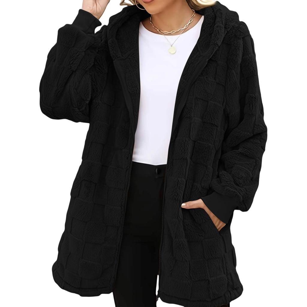 Women's Fashionable Casual Warm Thick Checkered Plush Mid-length Elegant Button And Zipper Cardigan Coat