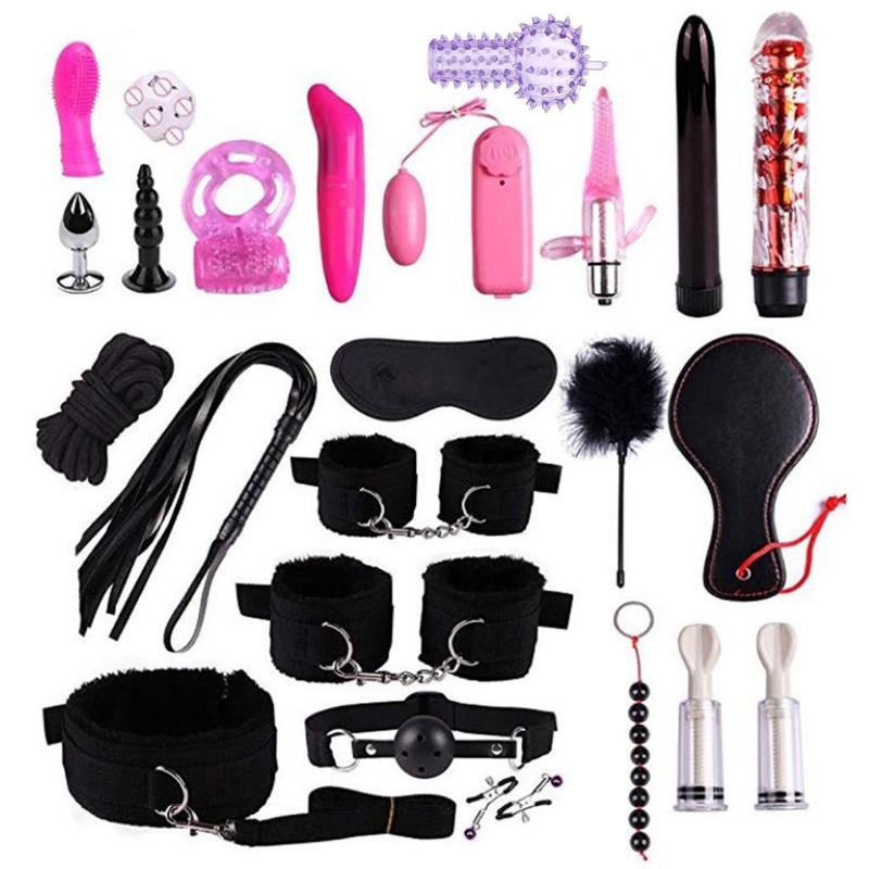 24pcs Adult Game Restraints Set Women Men BDSM Bondage Training Cosplay Sex Toy G-Spot Vibrator Butt Anal Plug Flogger Whip OLI