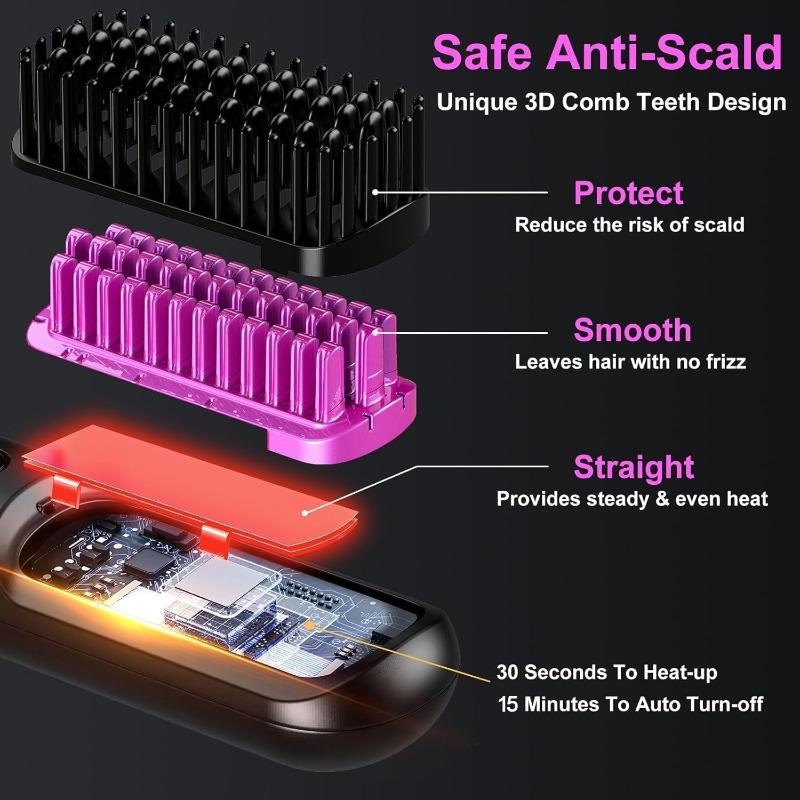 Wireless 2-in-1 Straightening Curling Comb Anti-Scald LED Display USB Rechargeable Portable for Home Travel All Hair Types