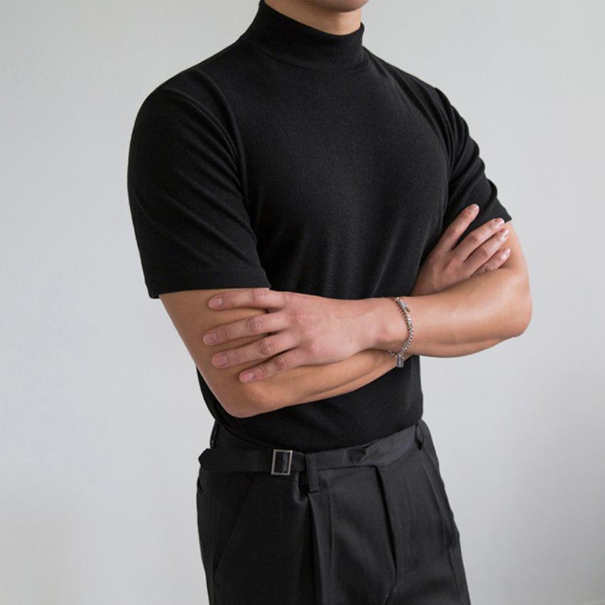 Herren Koreanisches Slim Fit Halbhoher Kragen Kurzarm Basisschicht T-Shirt