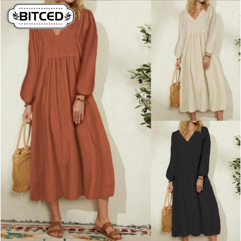 BITCED Fashion Autumn Winter Solid Color Print Long Sleeve V-Neck Casual Dresses Unique design