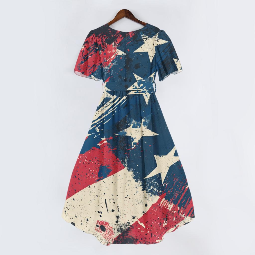 Women's Casual V-Neck Short-Sleeve Independence Day Print Dress