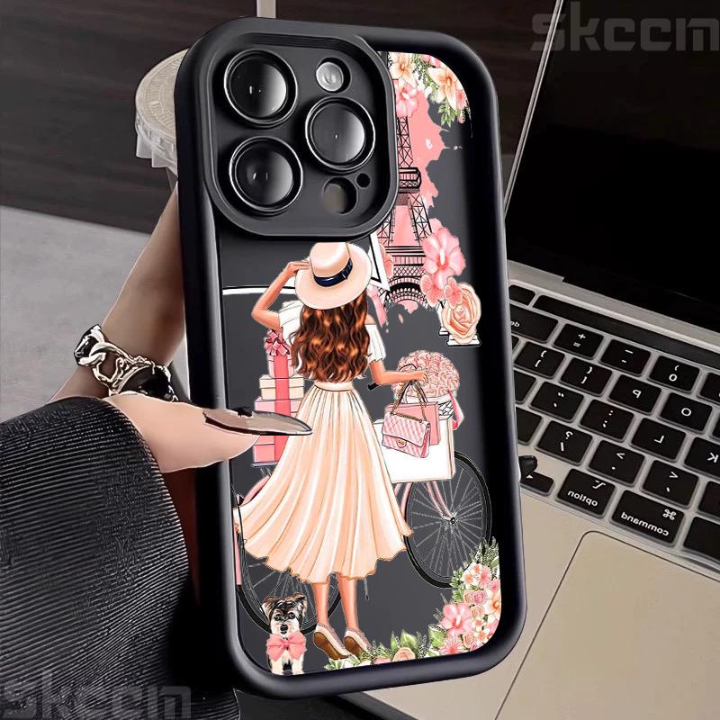 Pink Girl Flower Pattern Phone Case For iPhone 16 15 Pro Max 16E 14 13 12 11 XS X XR 7 8 Plus Shockproof Silicone Soft Cover