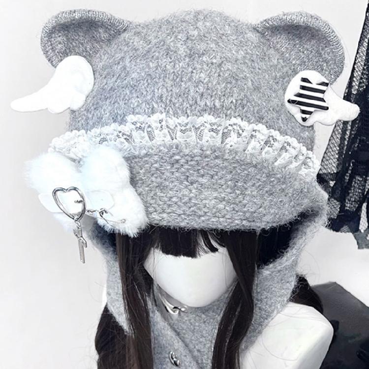 Warm Blue Bear Hat with Ear Furry Caps Cartoon Ear Hat Solid Color Wing Winter Plush Hat for Casual Wear