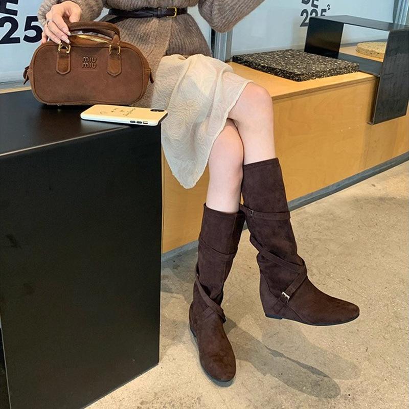 Inner Heightening Boots Women's 2025 New Autumn Retro Versatile Stacking Boots Belt Buckle Slim Tall Knight Boots