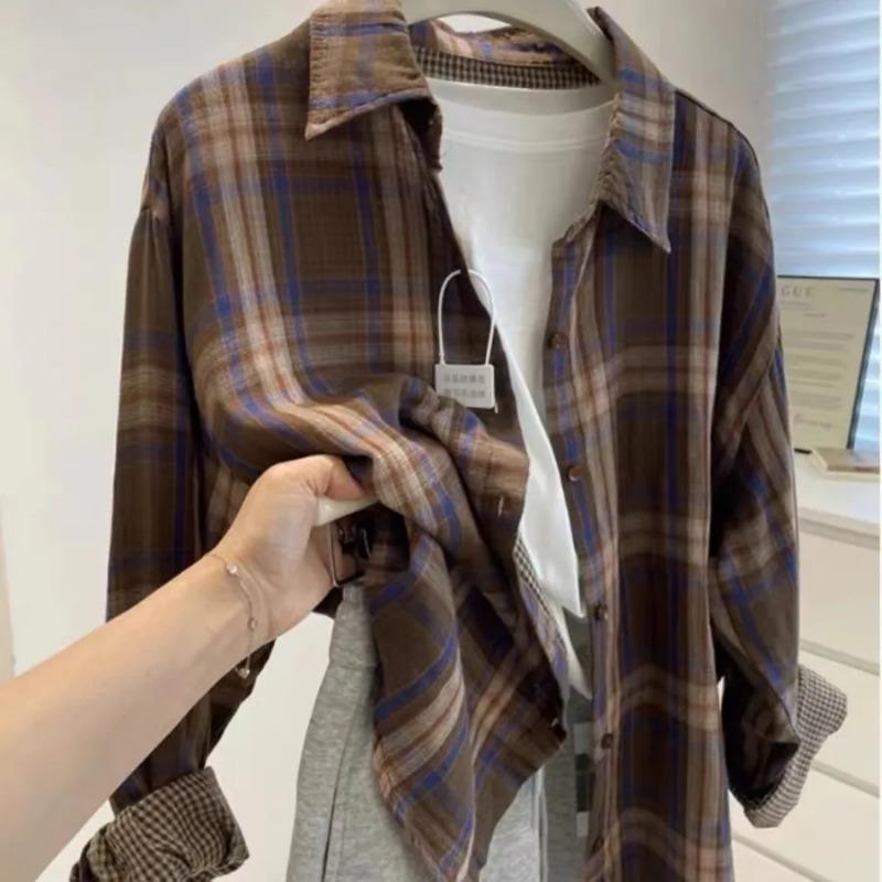 Women's Blue Plaid Button Down Shirt Loose Fit Long Sleeve Contrast Stripe Casual Blouse