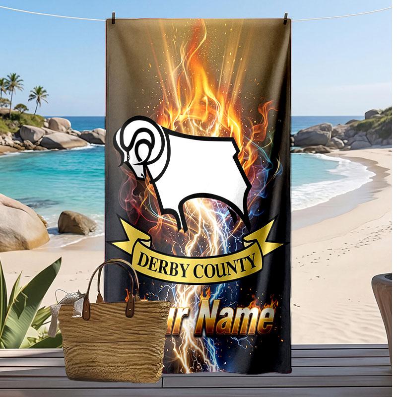 Toalla de Playa Personalizada Estampada Derby County Logo de Fútbol Apoyo Nombre Personalizado Texto Toalla Absorbente Para Deporte Viaje Regalo Especial