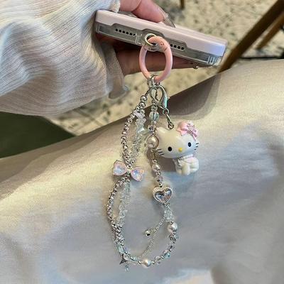 Cute Sanrio Hello Kitty Bow Beaded Phone Chain Lanyard Ccd Camera Charm Accessories Girly Keychain Pendants Anti-Lost Rope Gifts